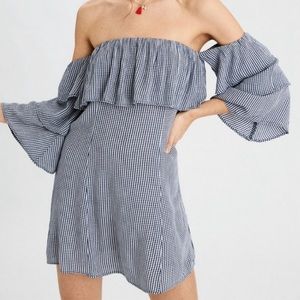 American Eagle Gingham Peplum Sleeved Off The Shoulder Dress